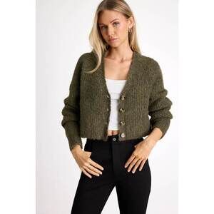 Lulus Evoletta Olive Green Marled Cropped Cardigan Sweater - Size M